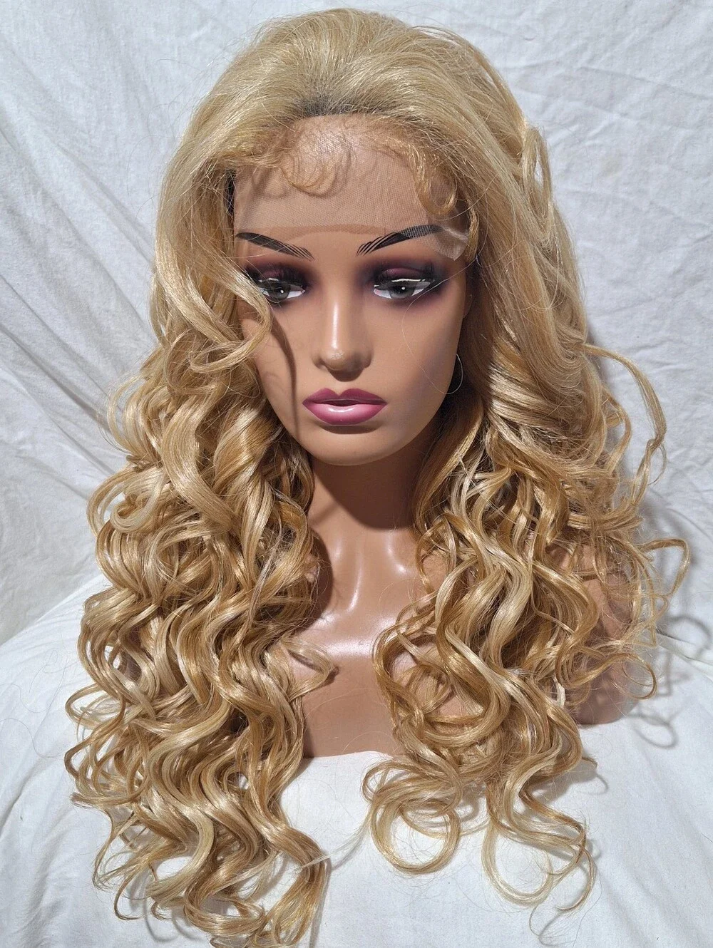 Blonde Long Curly Lace Front Wig - Human Hair Blend Wig